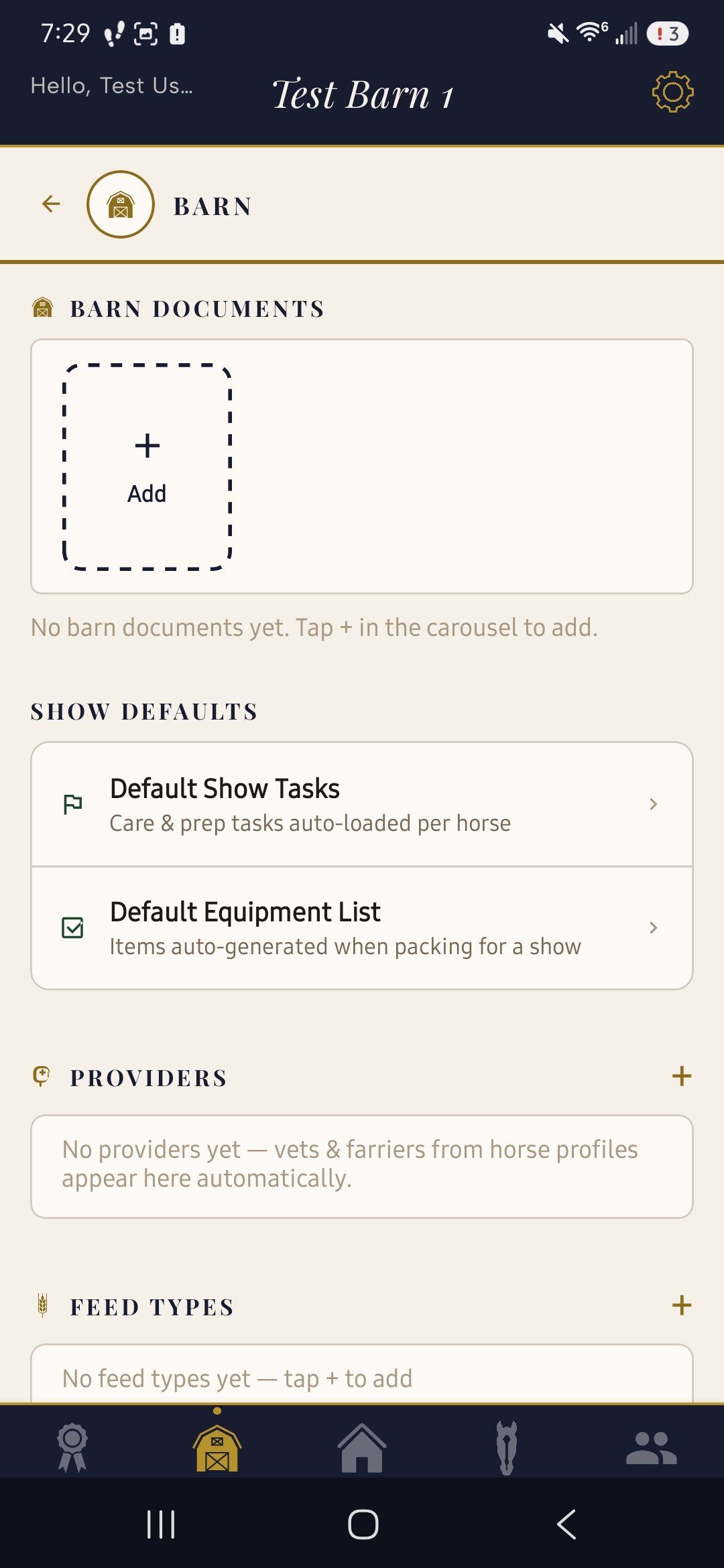 EqAssist Solo barn management screen showing default show tasks, equipment lists, and feed types