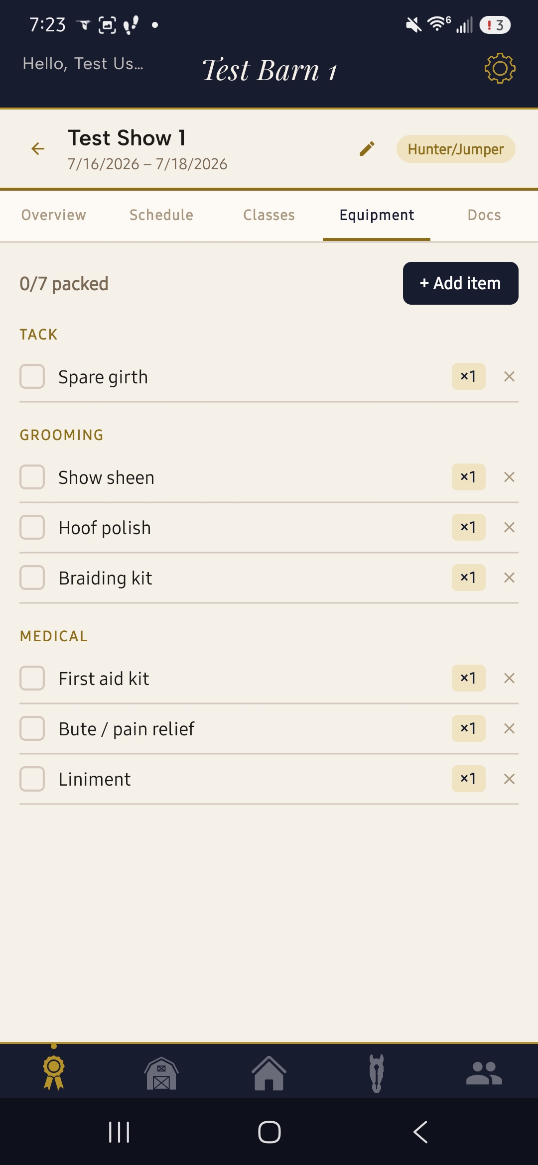 EqAssist Solo show equipment checklist grouped by Tack, Grooming, and Medical