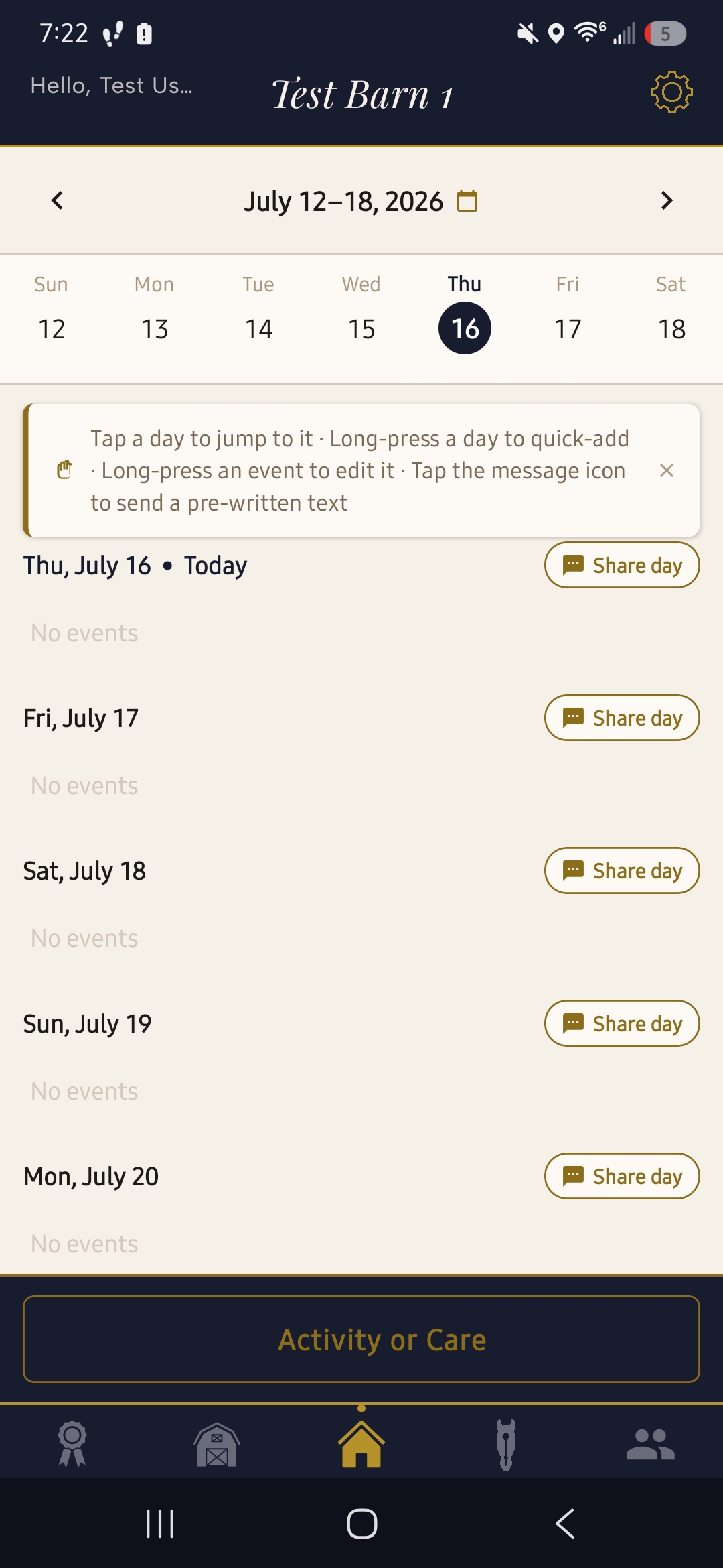 EqAssist Solo home dashboard showing the weekly calendar and Activity or Care button