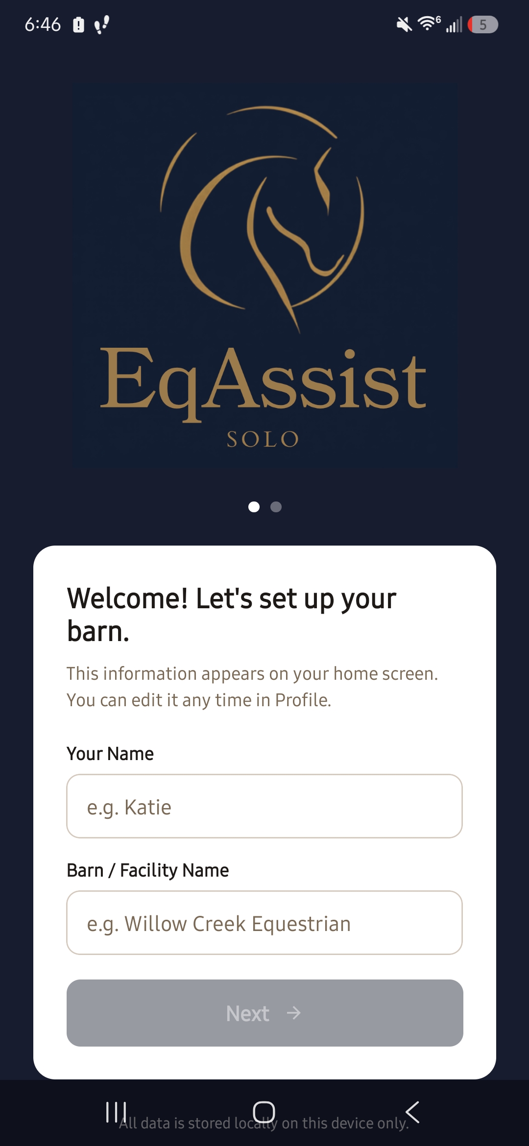 EqAssist Solo onboarding screen showing the app's logo and barn setup form